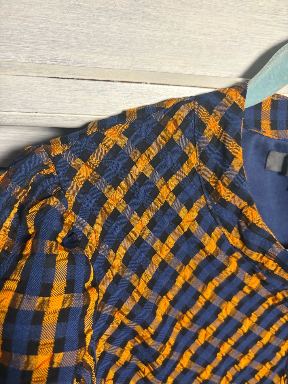 Anthropologie Eva Franco Textured Plaid Blouse Button Puff Sleeve Preppy Twee - Picture 9 of 13